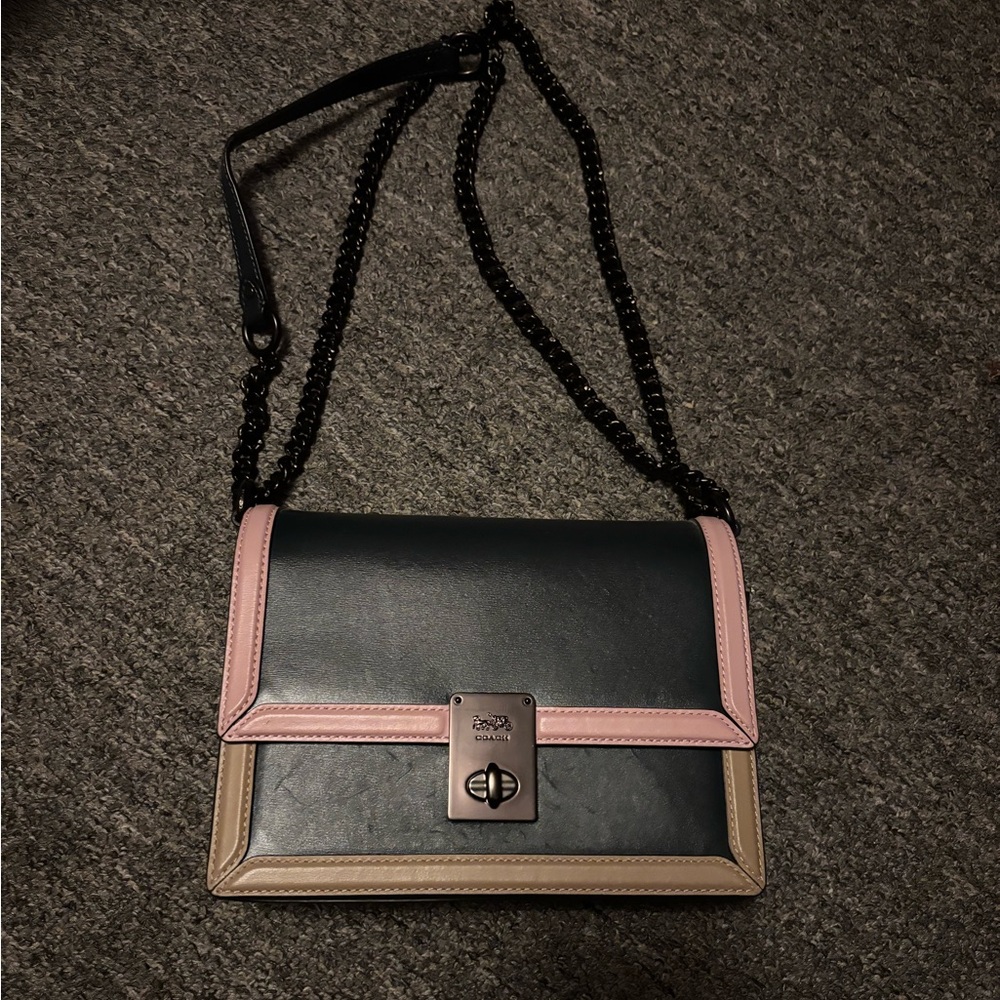 Coach Black and Pink Crossbody Bag with Tan Trim